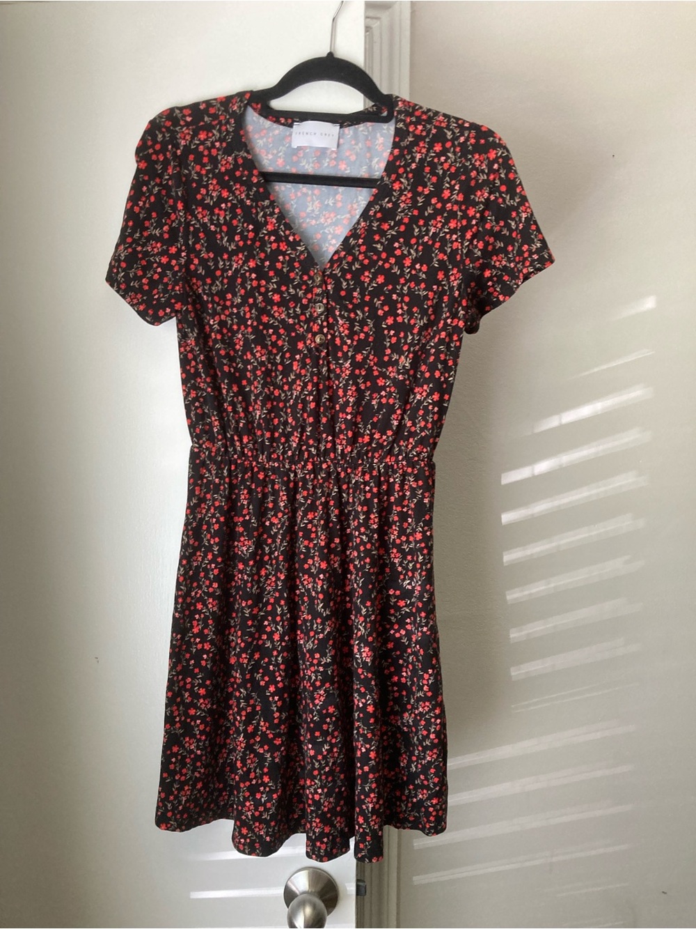 French Grey Black Dress with Red Floral Print